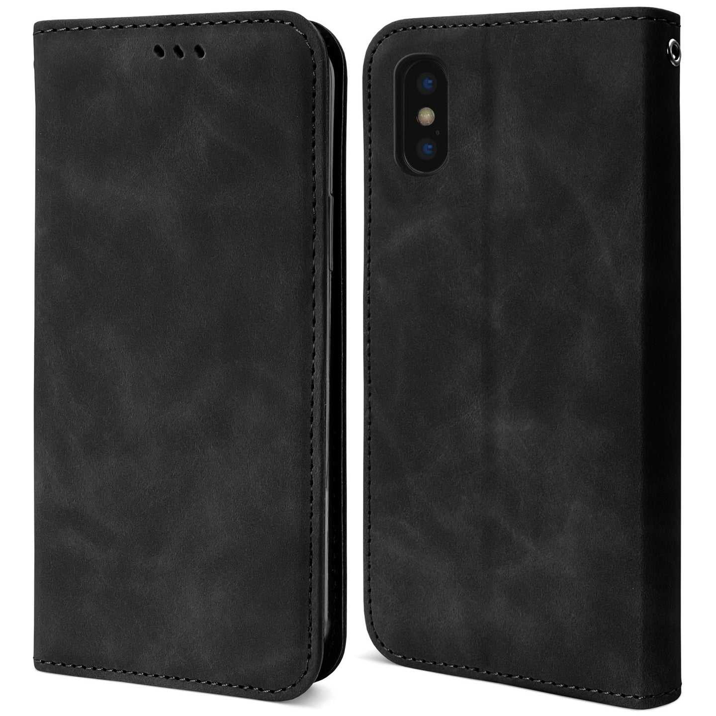 Moozy Marble Black Flip Case for iPhone X, iPhone XS - Flip Cover Magnetic Flip Folio Retro Wallet Case with Card Holder and Stand, Credit Card Slots, Kickstand Function