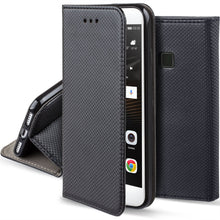 Lade das Bild in den Galerie-Viewer, Moozy Case Flip Cover for Huawei P9 Lite, Black - Smart Magnetic Flip Case with Card Holder and Stand
