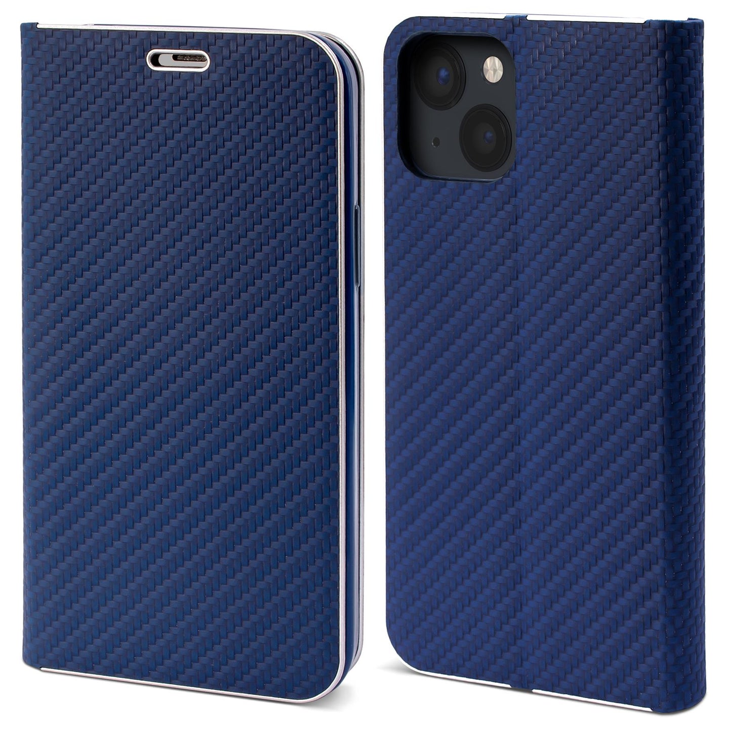 Moozy Wallet Case for iPhone 13, Dark Blue Carbon – Flip Case with Metallic Border Design Magnetic Closure Flip Cover with Card Holder