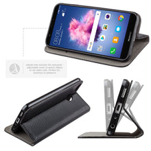 Lade das Bild in den Galerie-Viewer, Moozy Case Flip Cover for Huawei P Smart, Black - Smart Magnetic Flip Case with Card Holder and Stand
