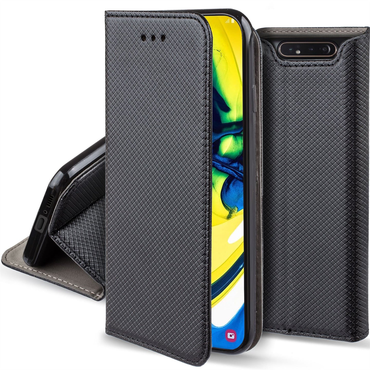 Moozy Case Flip Cover for Samsung A80, Black - Smart Magnetic Flip Case with Card Holder and Stand