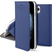 Charger l&#39;image dans la galerie, Moozy Case Flip Cover for iPhone 11 Pro, Dark Blue - Smart Magnetic Flip Case with Card Holder and Stand
