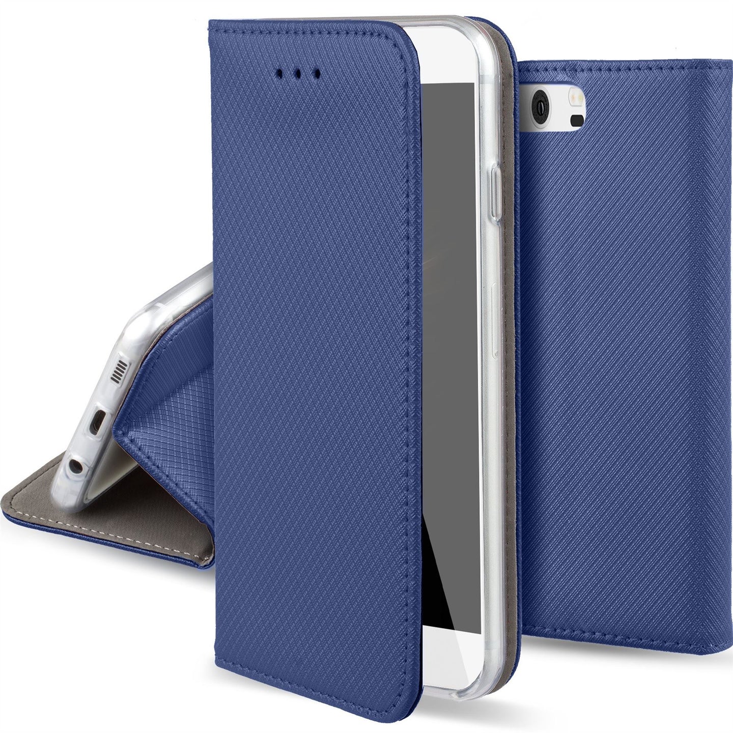 Moozy Case Flip Cover for Huawei P10, Dark Blue - Smart Magnetic Flip Case with Card Holder and Stand