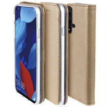 Załaduj obraz do przeglądarki galerii, Moozy Case Flip Cover for Huawei Nova 5T and Honor 20, Gold - Smart Magnetic Flip Case with Card Holder and Stand
