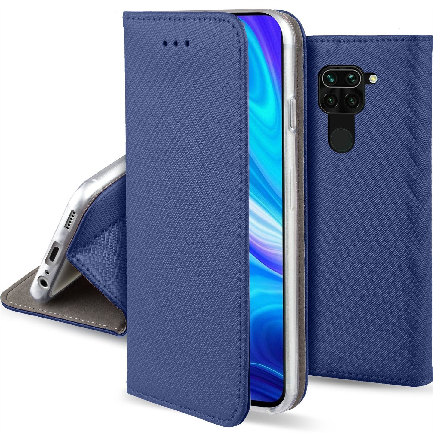 Moozy Case Flip Cover for Xiaomi Redmi Note 9, Dark Blue - Smart Magnetic Flip Case with Card Holder and Stand