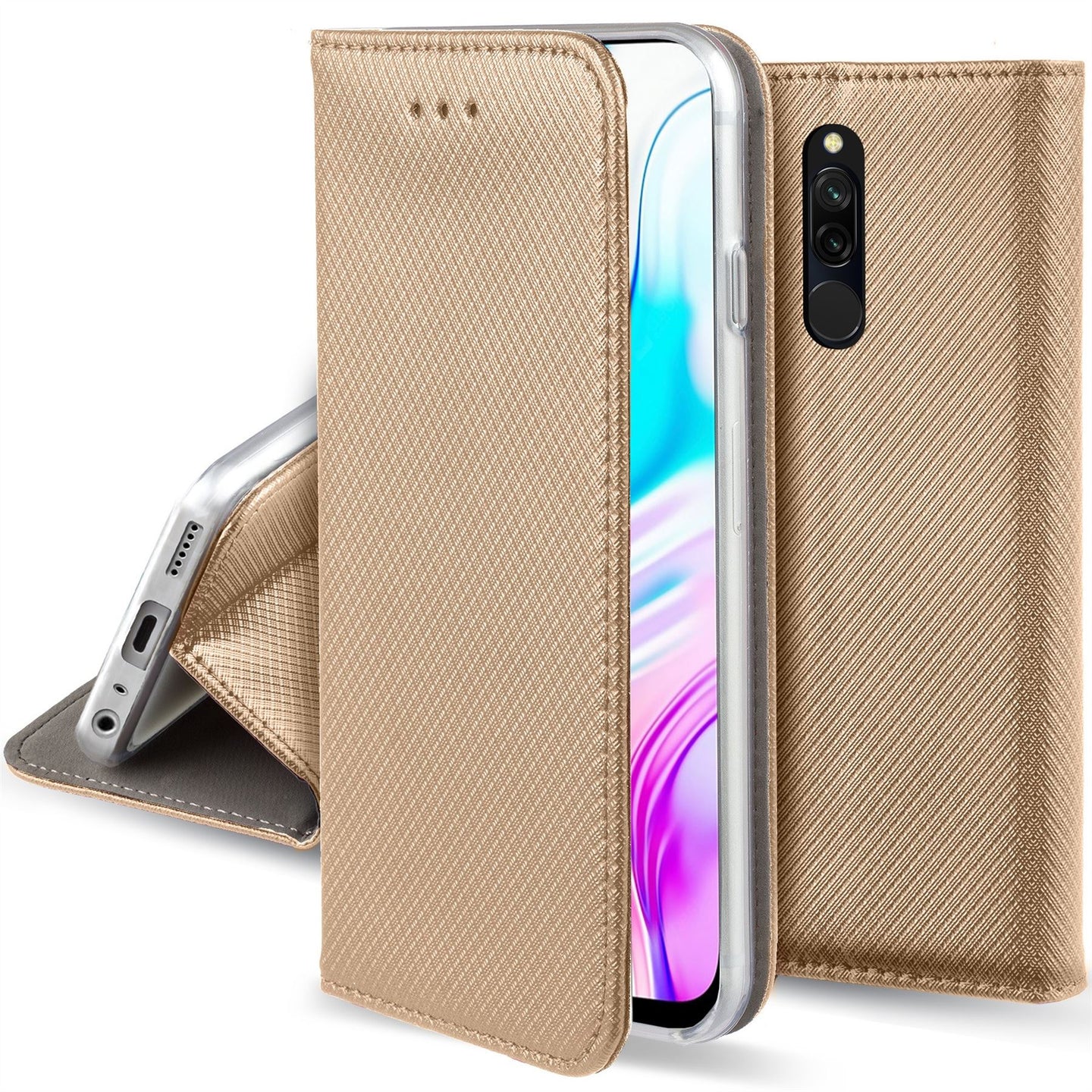 Moozy Case Flip Cover for Xiaomi Redmi 8, Gold - Smart Magnetic Flip Case with Card Holder and Stand