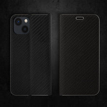 Załaduj obraz do przeglądarki galerii, Moozy Wallet Case for iPhone 13 Mini, Black Carbon – Flip Case with Metallic Border Design Magnetic Closure Flip Cover with Card Holder
