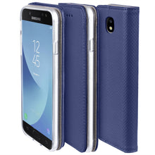 Charger l&#39;image dans la galerie, Moozy Case Flip Cover for Samsung J3 2017, Dark Blue - Smart Magnetic Flip Case with Card Holder and Stand
