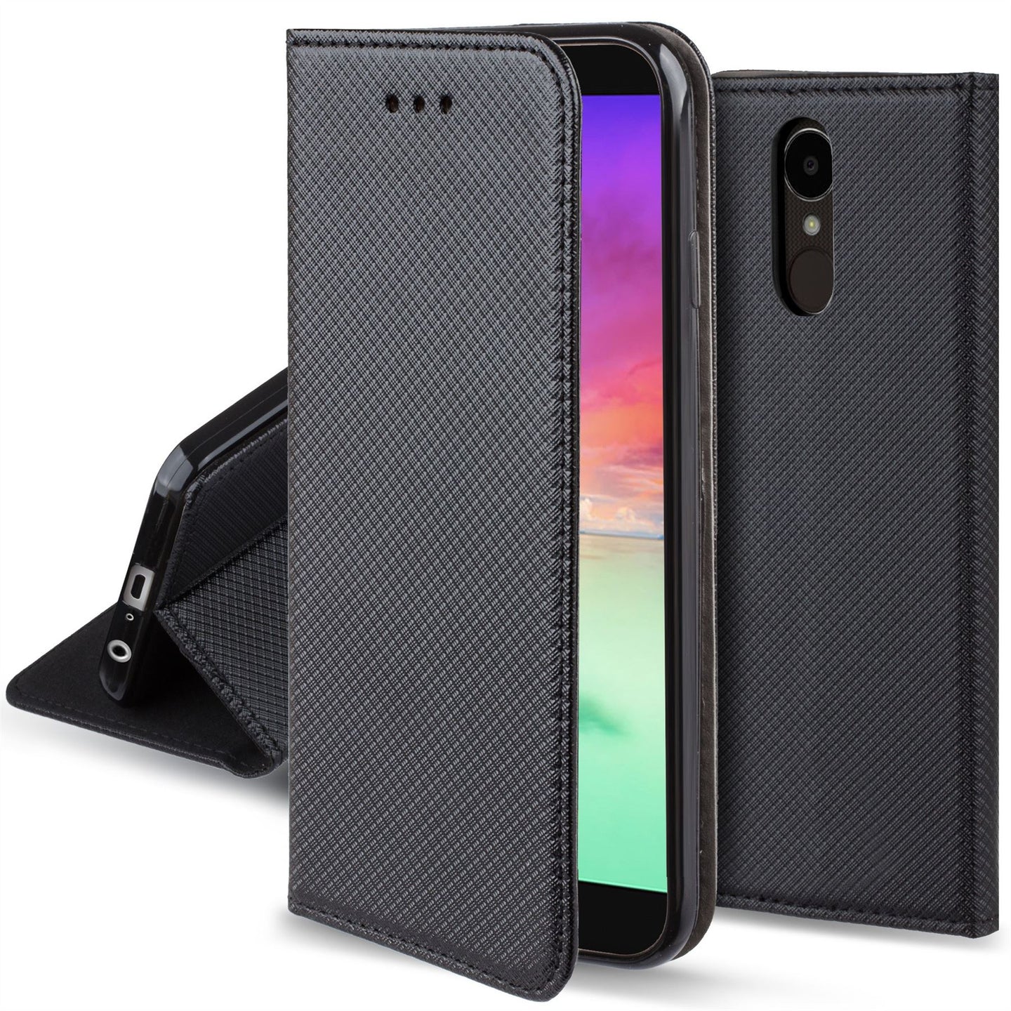 Moozy Case Flip Cover for LG K10 2017, Black - Smart Magnetic Flip Case with Card Holder and Stand