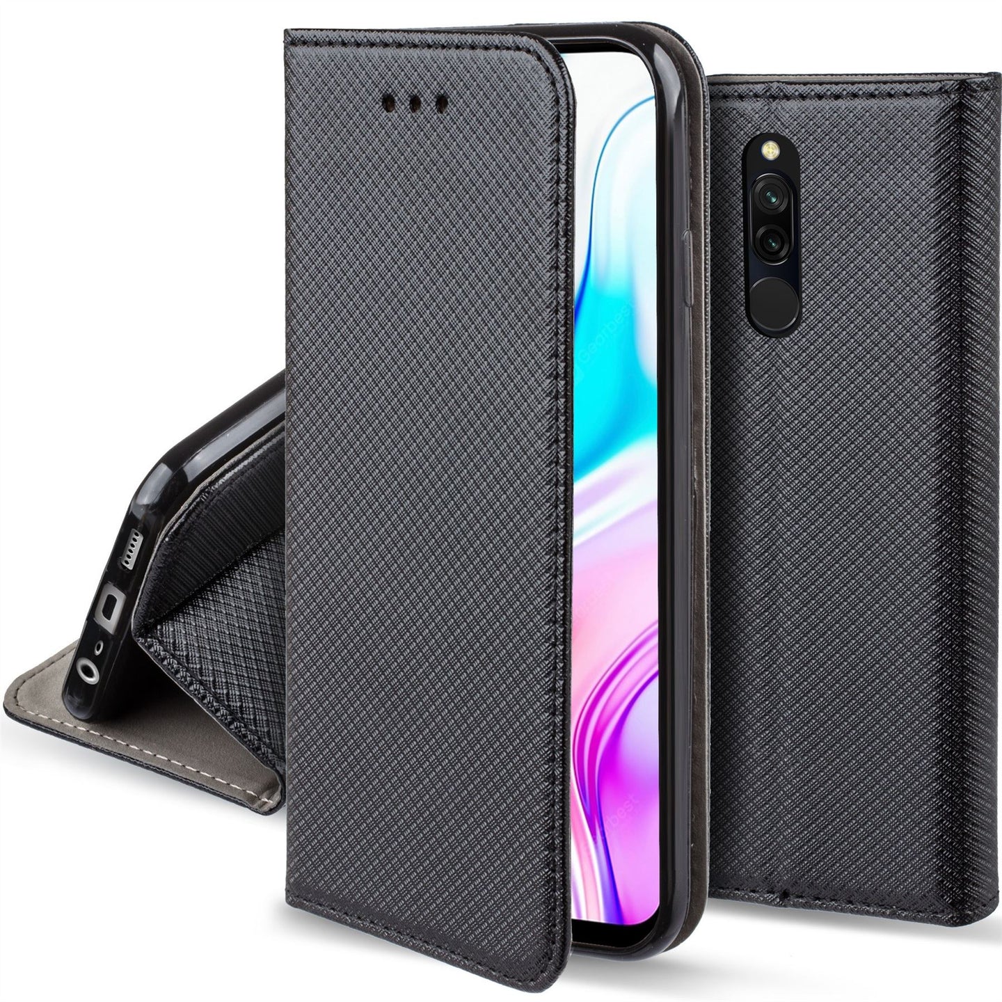 Moozy Case Flip Cover for Xiaomi Redmi 8, Black - Smart Magnetic Flip Case with Card Holder and Stand