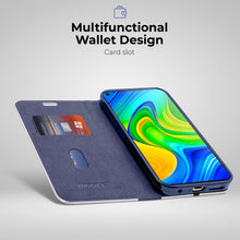 Lade das Bild in den Galerie-Viewer, Moozy Wallet Case für Xiaomi Redmi Note 9, Dark Blue Carbon – Metallischer Kantenschutz Magnetverschluss Flip Cover mit Kartenhalter
