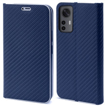 Carica l&#39;immagine nel visualizzatore di Gallery, Moozy Wallet Case for Xiaomi 12 and Xiaomi 12X, Dark Blue Carbon - Flip Case with Metallic Border Design Magnetic Closure Flip Cover with Card Holder and Kickstand Function
