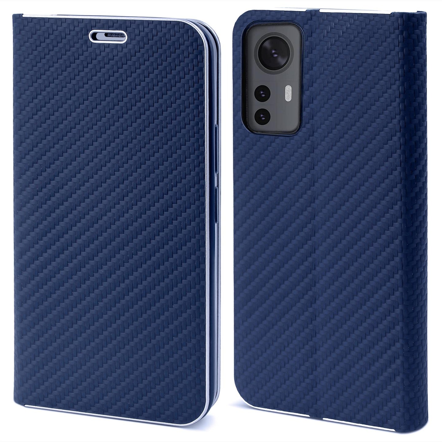 Moozy Wallet Case for Xiaomi 12 and Xiaomi 12X, Dark Blue Carbon - Flip Case with Metallic Border Design Magnetic Closure Flip Cover with Card Holder and Kickstand Function