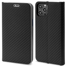 Load image into Gallery viewer, Moozy Wallet Case for iPhone 13 Pro, Black Carbon – Flip Case with Metallic Border Design Magnetic Closure Flip Cover with Card Holder
