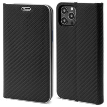 Lade das Bild in den Galerie-Viewer, Moozy Wallet Case für iPhone 13 Pro, Black Carbon – Flip Case mit Metallic Rand Design Magnetverschluss Flip Cover mit Kartenhalter und Kickstand Funktion
