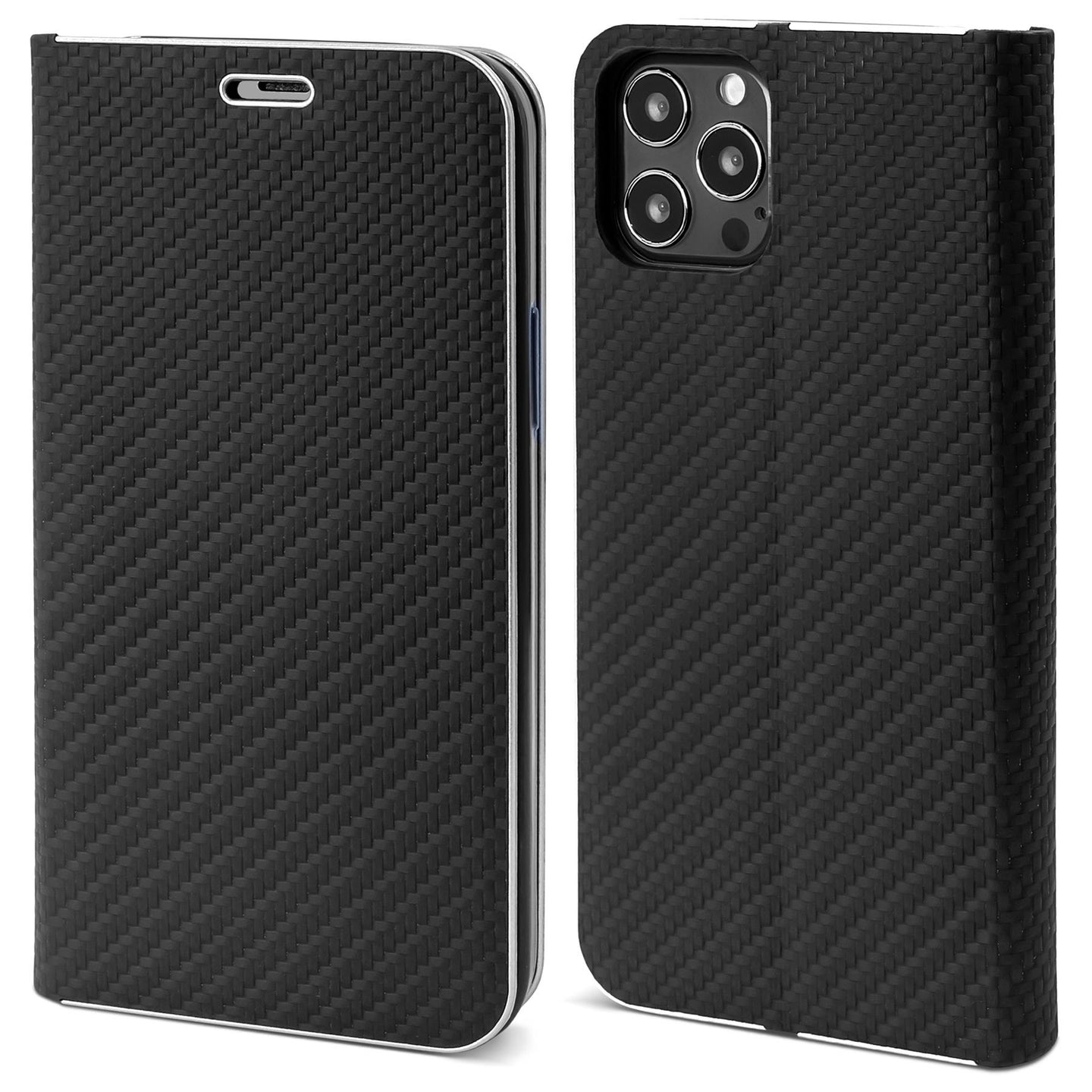 Moozy Wallet Case für iPhone 13 Pro, Black Carbon – Flip Case mit Metallic Rand Design Magnetverschluss Flip Cover mit Kartenhalter und Kickstand Funktion