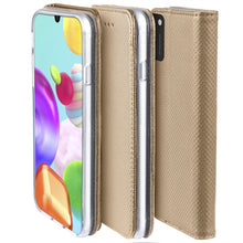 Lade das Bild in den Galerie-Viewer, Moozy Case Flip Cover for Samsung A41, Gold - Smart Magnetic Flip Case with Card Holder and Stand
