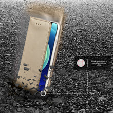 Załaduj obraz do przeglądarki galerii, Moozy Case Flip Cover for iPhone 12 mini, Gold - Smart Magnetic Flip Case with Card Holder and Stand
