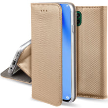 Lade das Bild in den Galerie-Viewer, Moozy Case Flip Cover for Huawei P40 Lite, Gold - Smart Magnetic Flip Case with Card Holder and Stand
