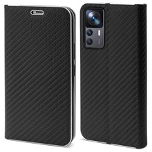 Carica l&#39;immagine nel visualizzatore di Gallery, Moozy Wallet Case for Xiaomi 12T and 12T Pro, Black Carbon - Flip Case with Metallic Border Design Magnetic Closure Flip Cover with Card Holder and Kickstand Function

