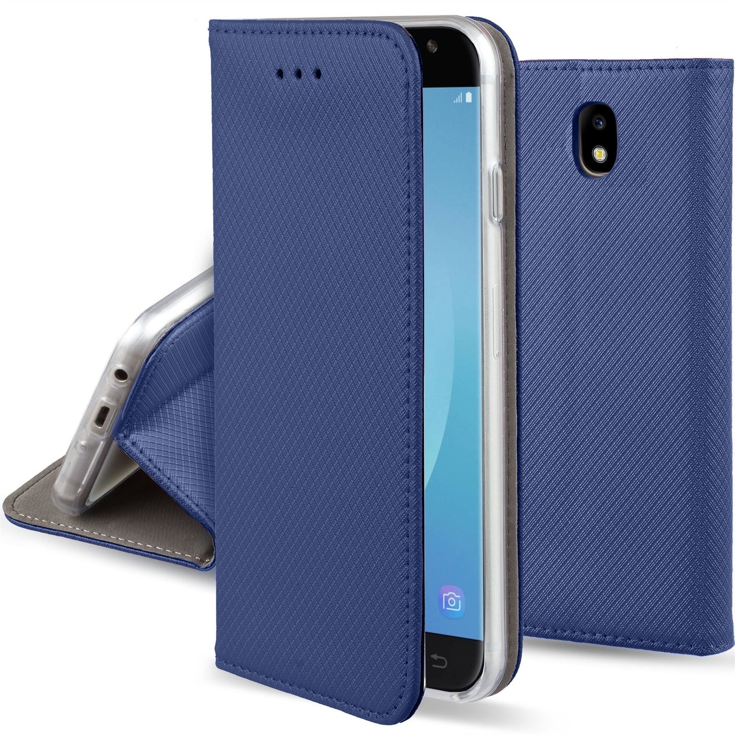 Moozy Case Flip Cover for Samsung J5 2017, Dark Blue - Smart Magnetic Flip Case with Card Holder and Stand