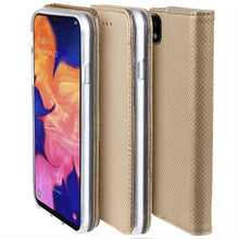 Lade das Bild in den Galerie-Viewer, Moozy Case Flip Cover for Samsung A10, Gold - Smart Magnetic Flip Case with Card Holder and Stand
