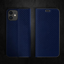 Załaduj obraz do przeglądarki galerii, Moozy Wallet Case for iPhone 12 mini, Dark Blue Carbon – Metallic Edge Protection Magnetic Closure Flip Cover with Card Holder
