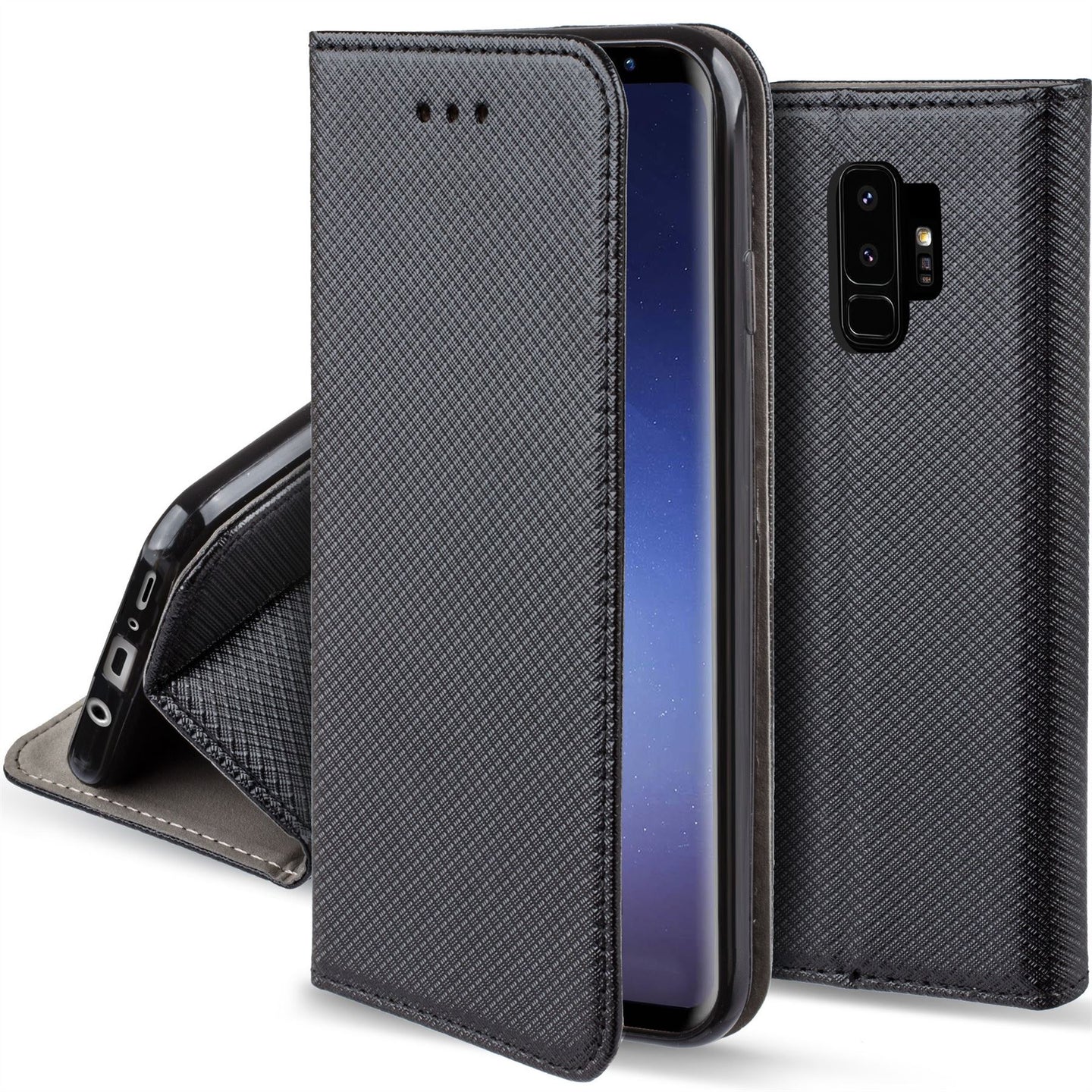 Moozy Case Flip Cover for Samsung S9 Plus, Black - Smart Magnetic Flip Case with Card Holder and Stand