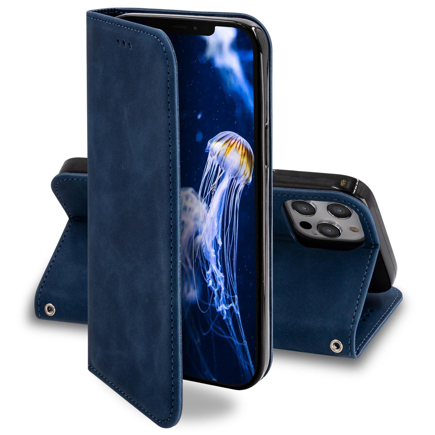 Moozy Marble Blue Flip Case for iPhone 12, iPhone 12 Pro - Flip Cover Magnetic Flip Folio Retro Wallet Case