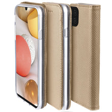 Cargar imagen en el visor de la galería, Moozy Case Flip Cover for Samsung A42 5G, Gold - Smart Magnetic Flip Case with Card Holder and Stand
