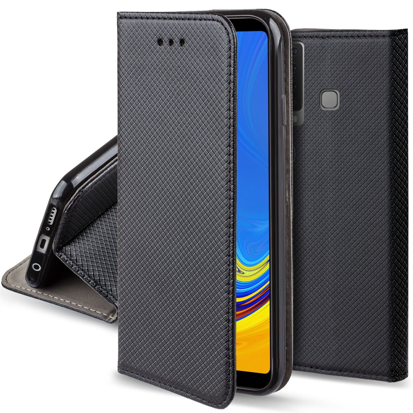 Moozy Case Flip Cover for Samsung A9 2018, Black - Smart Magnetic Flip Case with Card Holder and Stand