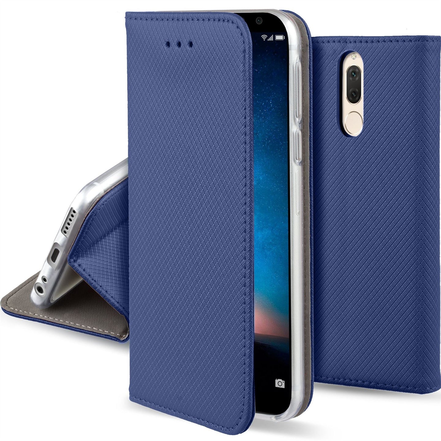 Moozy Case Flip Cover for Huawei Mate 10 Lite, Dark Blue - Smart Magnetic Flip Case with Card Holder and Stand