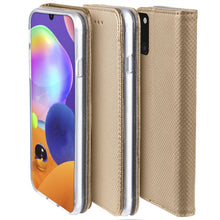 Lade das Bild in den Galerie-Viewer, Moozy Case Flip Cover for Samsung A31, Gold - Smart Magnetic Flip Case with Card Holder and Stand
