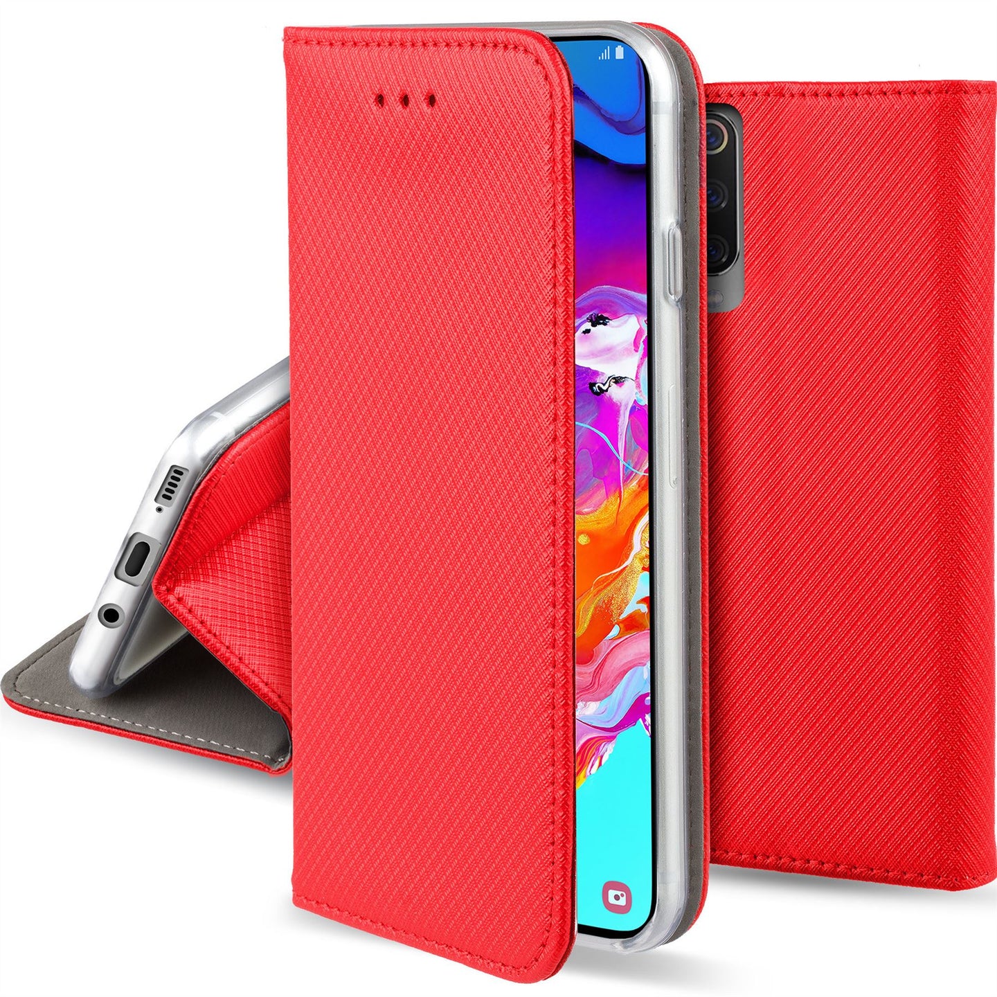 Moozy Case Flip Cover for Samsung A70, Red - Smart Magnetic Flip Case with Card Holder and Stand