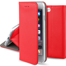 Cargar imagen en el visor de la galería, Moozy Case Flip Cover for iPhone SE, iPhone 5s, Red - Smart Magnetic Flip Case with Card Holder and Stand
