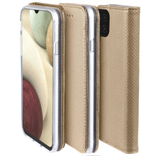 Load image into Gallery viewer, Moozy Case Flip Cover for Samsung A12, Gold - Smart Magnetic Flip Case with Card Holder and Stand
