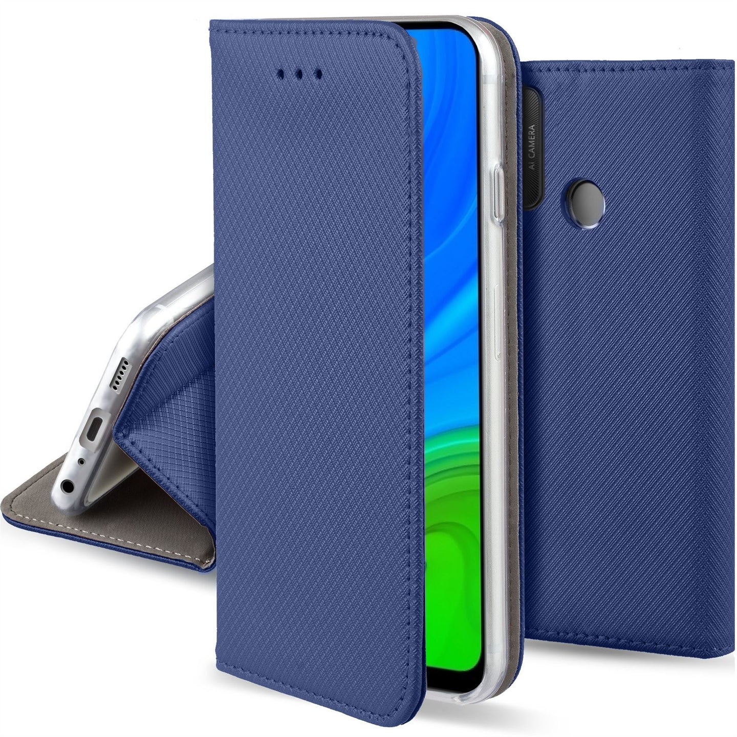 Moozy Case Flip Cover for Huawei P Smart 2020, Dark Blue - Smart Magnetic Flip Case with Card Holder and Stand