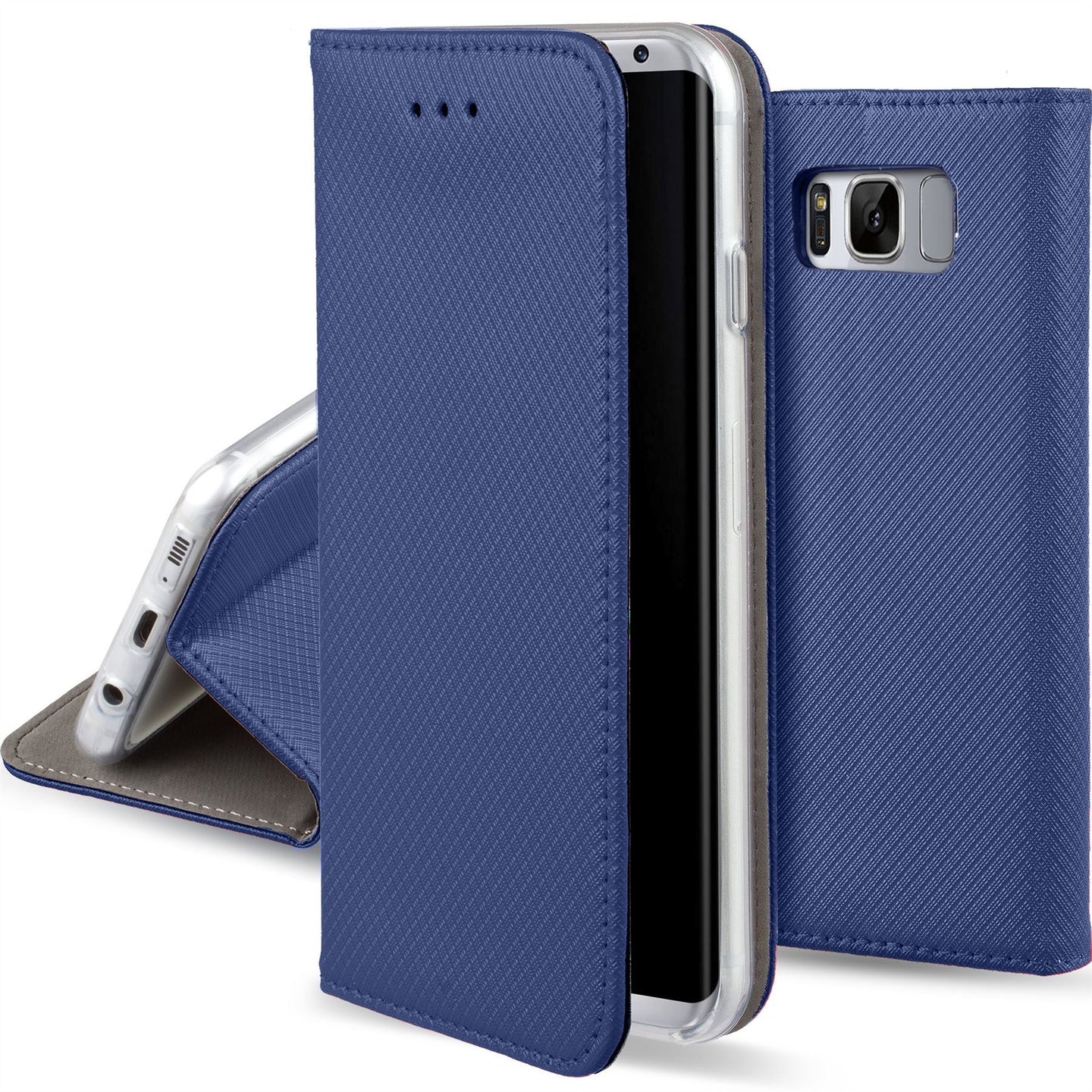 Moozy Case Flip Cover for Samsung S8, Dark Blue - Smart Magnetic Flip Case with Card Holder and Stand