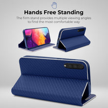 Charger l&#39;image dans la galerie, Moozy Wallet Case for Samsung A50, Dark Blue Carbon – Metallic Edge Protection Magnetic Closure Flip Cover with Card Holder
