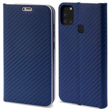 Lade das Bild in den Galerie-Viewer, Moozy Wallet Case für Samsung A21s, Dark Blue Carbon – Metallischer Kantenschutz Magnetverschluss Flip Cover mit Kartenhalter
