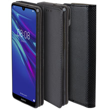 Load image into Gallery viewer, Moozy Case Flip Cover for Huawei Y6 2019, Black - Smart Magnetic Flip Case with Card Holder and Stand

