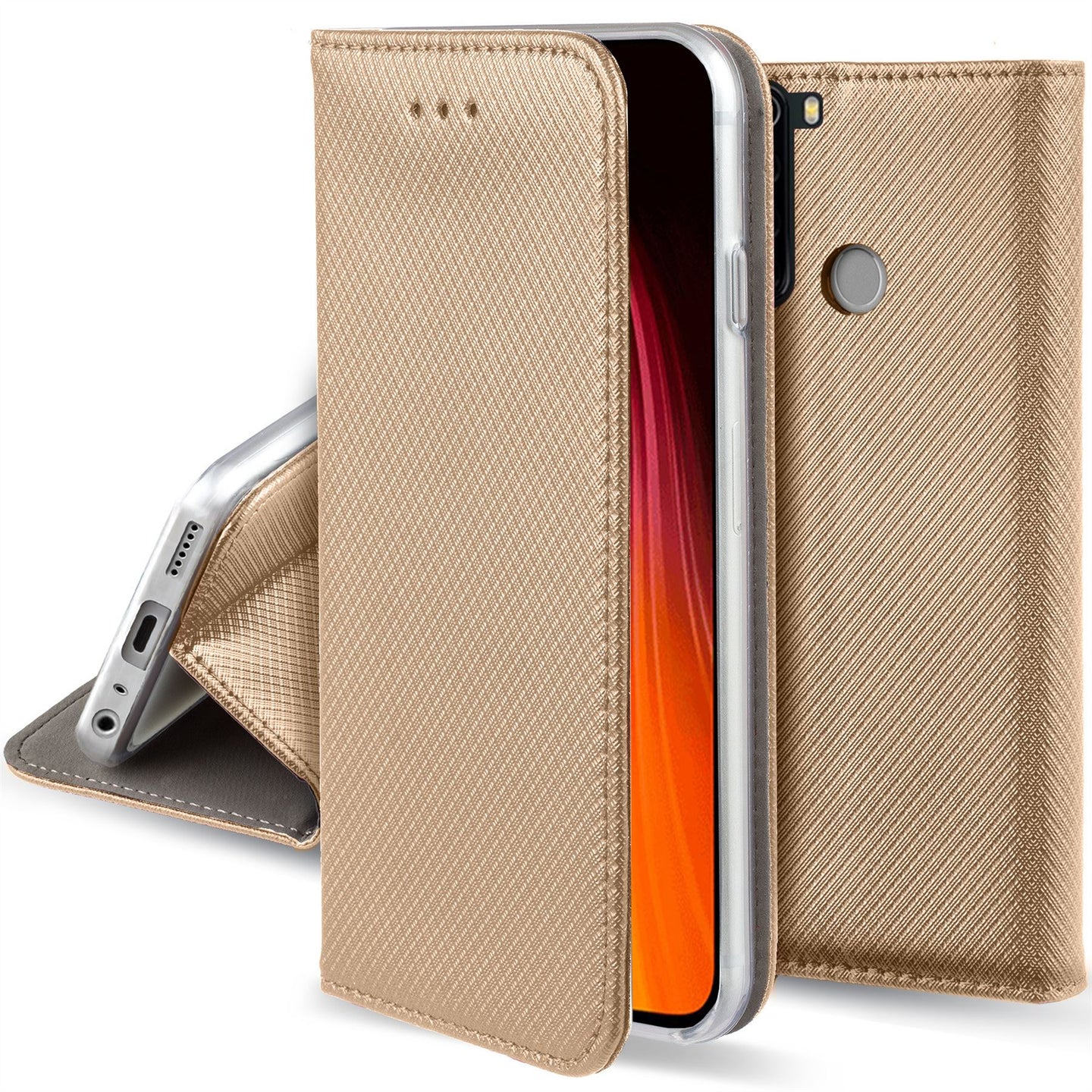 Moozy Case Flip Cover for Xiaomi Redmi Note 8, Gold - Smart Magnetic Flip Case with Card Holder and Stand
