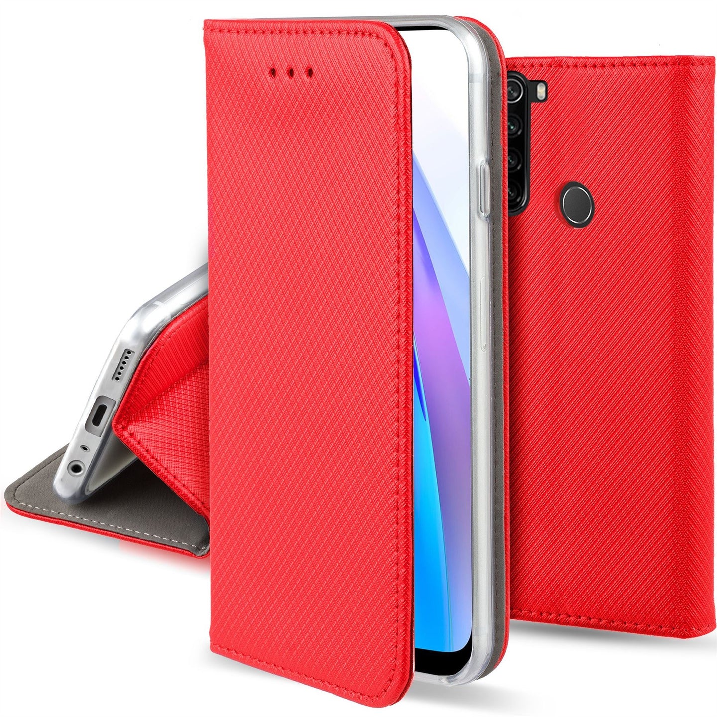 Moozy Case Flip Cover for Xiaomi Redmi Note 8T, Red - Smart Magnetic Flip Case with Card Holder and Stand