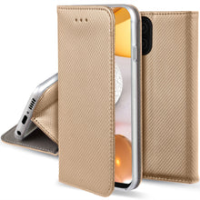 Cargar imagen en el visor de la galería, Moozy Case Flip Cover for Samsung A42 5G, Gold - Smart Magnetic Flip Case with Card Holder and Stand
