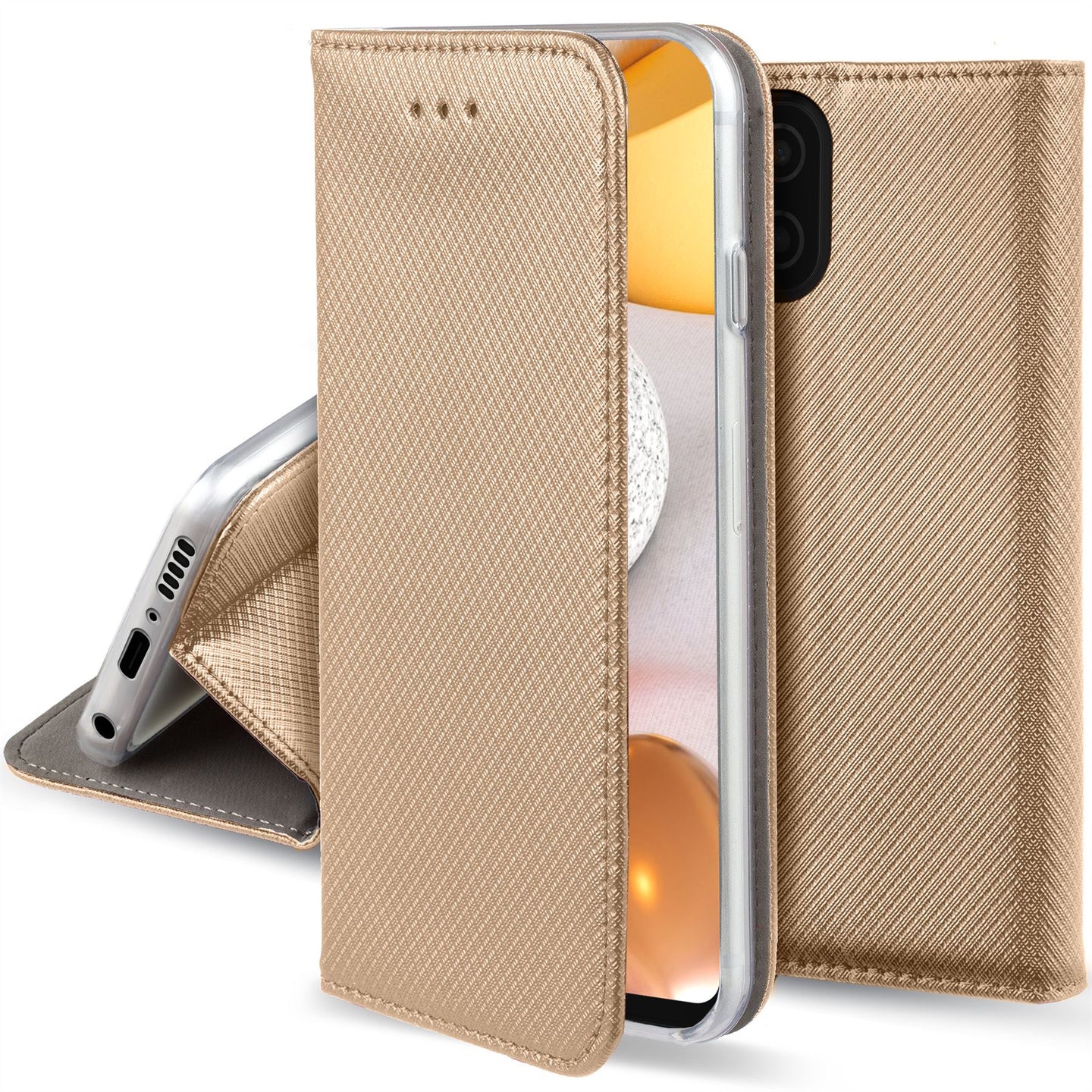 Moozy Case Flip Cover for Samsung A42 5G, Gold - Smart Magnetic Flip Case with Card Holder and Stand
