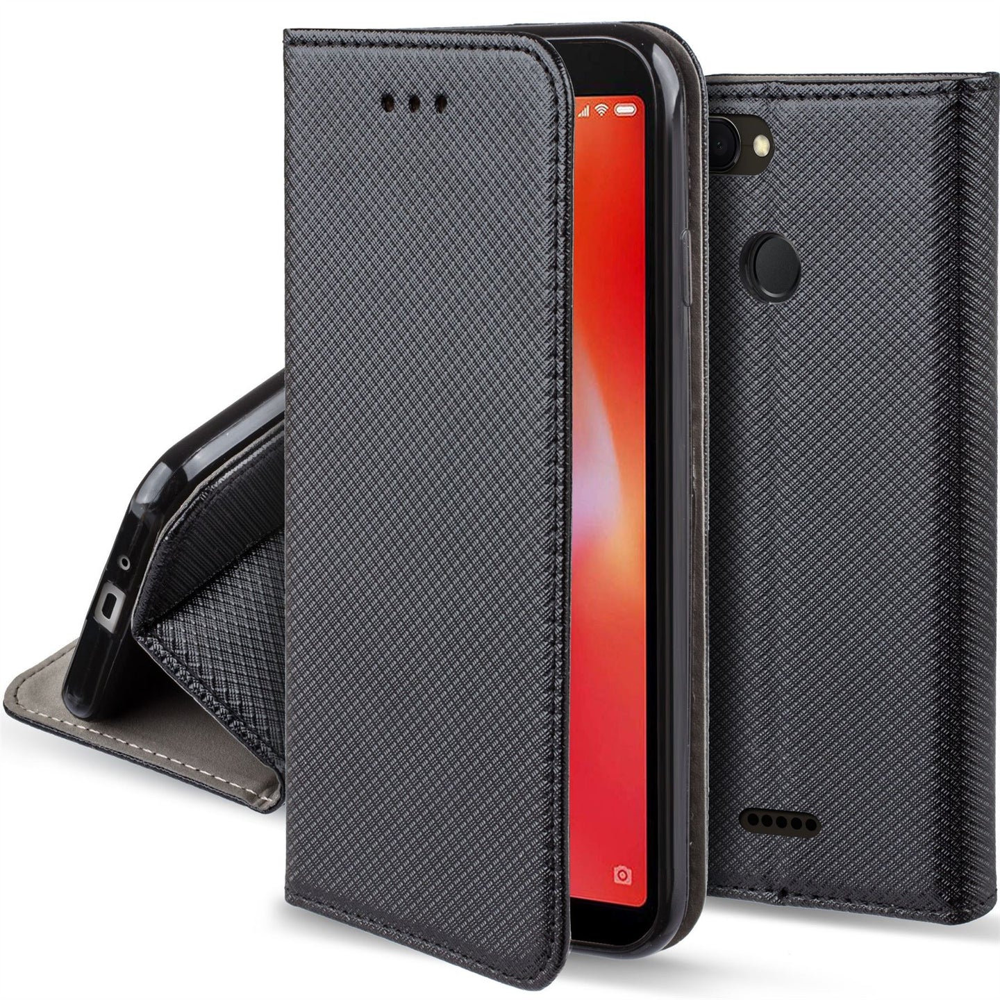 Moozy Case Flip Cover for Xiaomi Redmi 6, Black - Smart Magnetic Flip Case with Card Holder and Stand