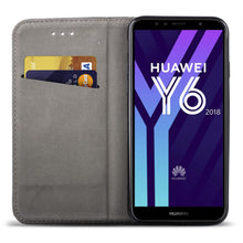 Cargar imagen en el visor de la galería, Moozy Case Flip Cover for Huawei Y6 2018, Black - Smart Magnetic Flip Case with Card Holder and Stand
