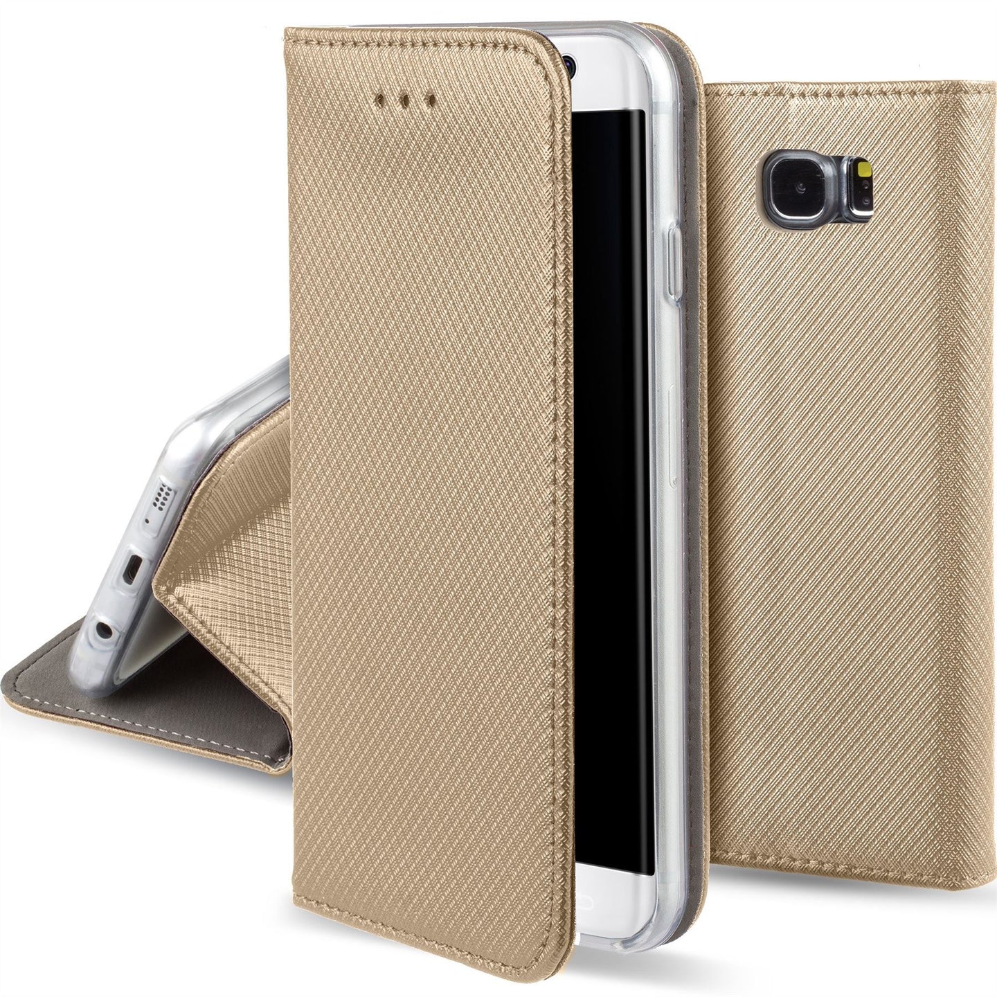 Moozy Case Flip Cover for Samsung S6, Gold - Smart Magnetic Flip Case with Card Holder and Stand