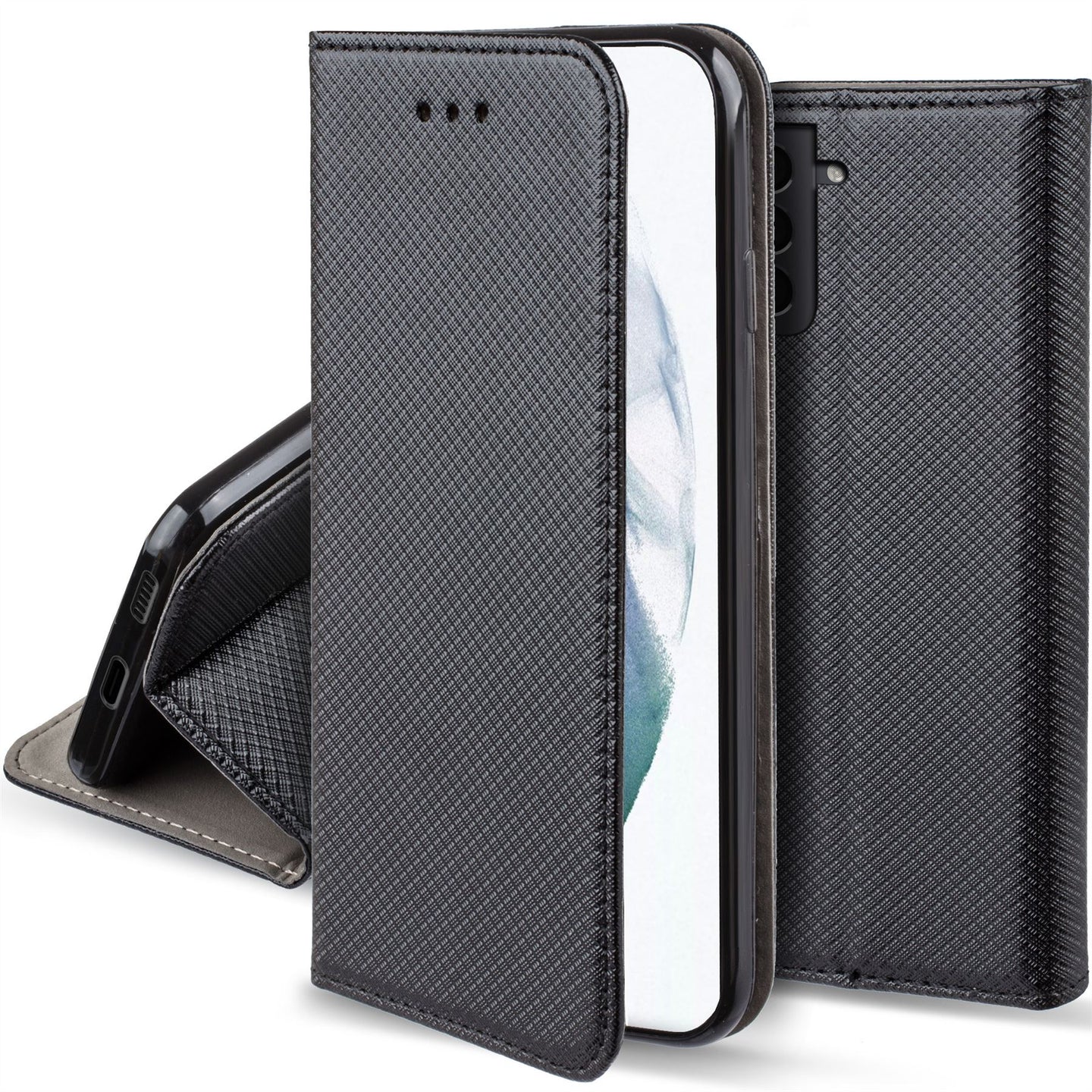 Moozy Case Flip Cover for Samsung S21 5G, Samsung S21, Black - Smart Magnetic Flip Case with Card Holder and Stand