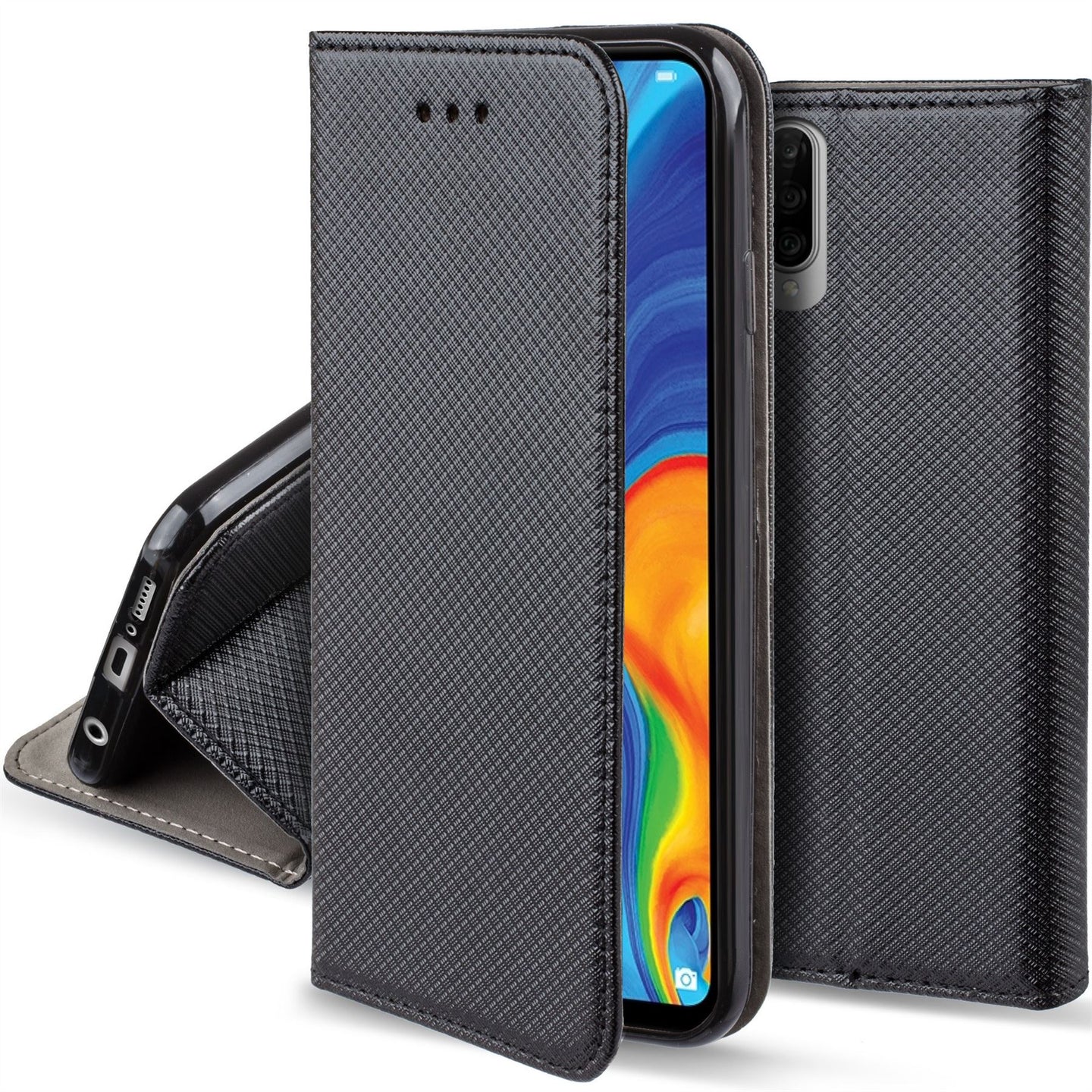 Moozy Case Flip Cover for Huawei P30 Lite, Black - Smart Magnetic Flip Case with Card Holder and Stand